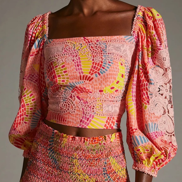 FARM Rio Tops - Farm Rio x Anthropologie Dotted Bananas Pink Cropped Top Blouse size Medium